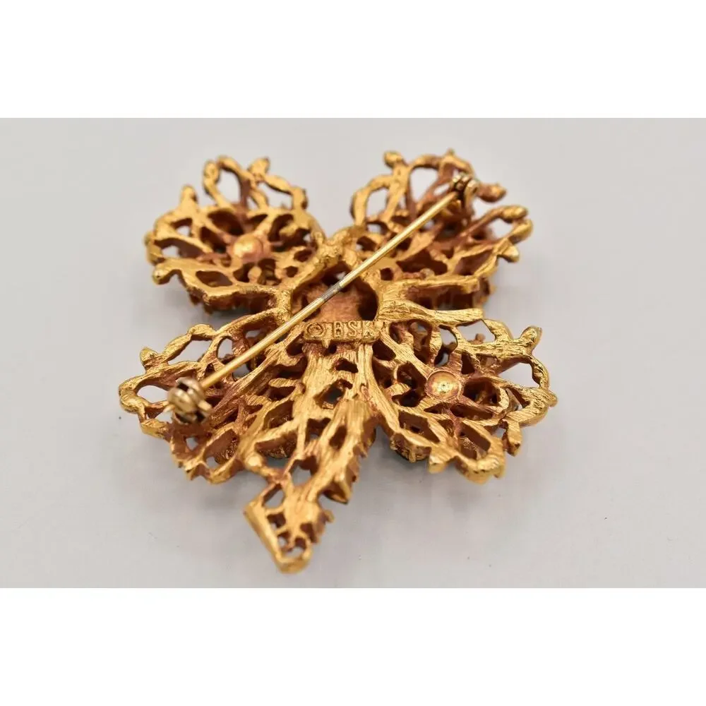 BSK Vintage Crystal Clover Pin Brooch Green Blue Rhinestone Gold Signed BinBG